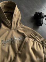 Мужской Хаки Костюм Худи Штаны Оверсайз с Вышивкой и Кантом - Утепленный на Флисе