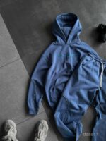 Мужской Синий Костюм Худи Штаны Оверсайз с Вышивкой и Кантом - Утепленный на Флисе