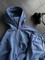 Мужской Синий Костюм Худи Штаны Оверсайз с Вышивкой и Кантом - Утепленный на Флисе