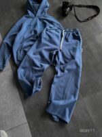 Мужской Синий Костюм Худи Штаны Оверсайз с Вышивкой и Кантом - Утепленный на Флисе