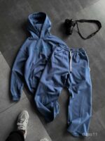 Мужской Синий Костюм Худи Штаны Оверсайз с Вышивкой и Кантом - Утепленный на Флисе