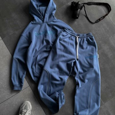 Мужской Синий Костюм Худи Штаны Оверсайз с Вышивкой и Кантом - Утепленный на Флисе