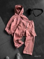 Мужской Розовый Костюм Худи Штаны Оверсайз с Вышивкой и Кантом - Утепленный на Флисе