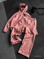 Мужской Розовый Костюм Худи Штаны Оверсайз с Вышивкой и Кантом - Утепленный на Флисе