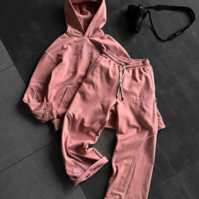 Мужской Розовый Костюм Худи Штаны Оверсайз с Вышивкой и Кантом - Утепленный на Флисе