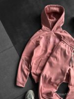 Мужской Розовый Костюм Худи Штаны Оверсайз с Вышивкой и Кантом - Утепленный на Флисе