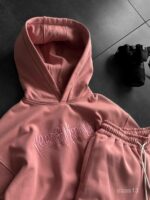 Мужской Розовый Костюм Худи Штаны Оверсайз с Вышивкой и Кантом - Утепленный на Флисе