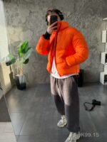 Мужская Зимняя Оранжевая Куртка Пуховик - Стеганая Дутик с Высокой Горловиной и Номером на Спине