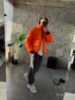 Мужская Зимняя Оранжевая Куртка Пуховик - Стеганая Дутик с Высокой Горловиной и Номером на Спине