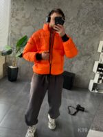 Мужская Зимняя Оранжевая Куртка Пуховик - Стеганая Дутик с Высокой Горловиной и Номером на Спине