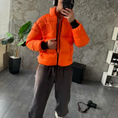 Мужская Зимняя Оранжевая Куртка Пуховик - Стеганая Дутик с Высокой Горловиной и Номером на Спине