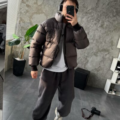 Мужская Зимняя Графитовая Куртка Пуховик - Стеганая Дутик с Высокой Горловиной и Номером на Спине