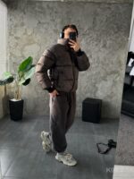 Мужская Зимняя Графитовая Куртка Пуховик - Стеганая Дутик с Высокой Горловиной и Номером на Спине