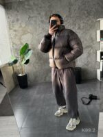 Мужская Зимняя Графитовая Куртка Пуховик - Стеганая Дутик с Высокой Горловиной и Номером на Спине