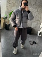 Мужская Зимняя Серая Куртка Пуховик - Стеганая Дутик с Высокой Горловиной и Номером на Спине