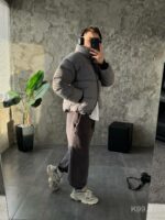 Мужская Зимняя Серая Куртка Пуховик - Стеганая Дутик с Высокой Горловиной и Номером на Спине