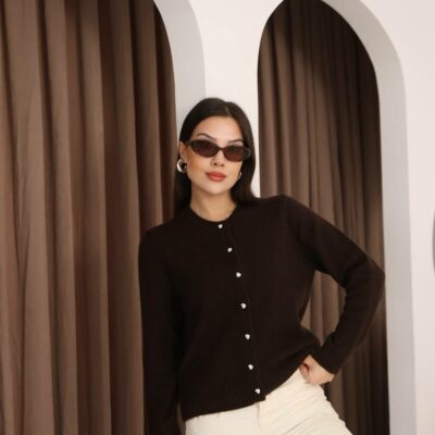 Женский Теплый Классический Коричневый Кардиган с Пуговицами в Виде Сердец