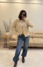 Женский Базовый Свободный Бежевый Кардиган на Акцентных Завязках