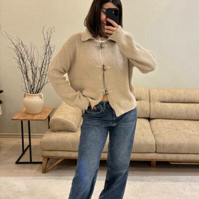 Женский Базовый Свободный Бежевый Кардиган на Акцентных Завязках