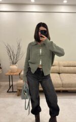 Женский Базовый Свободный Зеленый Кардиган на Акцентных Завязках