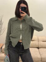 Женский Базовый Свободный Зеленый Кардиган на Акцентных Завязках