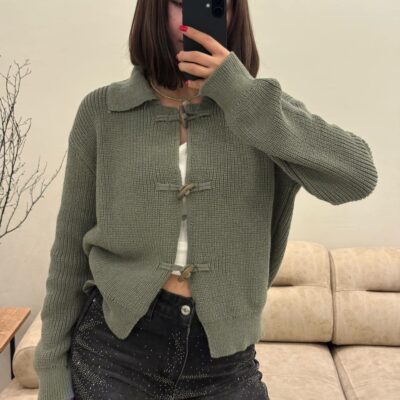 Женский Базовый Свободный Зеленый Кардиган на Акцентных Завязках