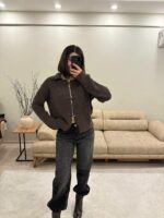 Женский Базовый Свободный Коричневый Кардиган на Акцентных Завязках