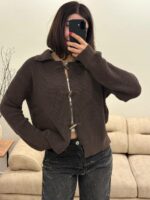 Женский Базовый Свободный Коричневый Кардиган на Акцентных Завязках