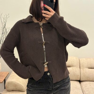 Женский Базовый Свободный Коричневый Кардиган на Акцентных Завязках