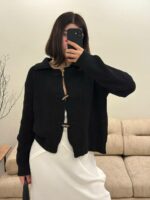 Женский Базовый Свободный Черный Кардиган на Акцентных Завязках