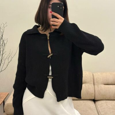 Женский Базовый Свободный Черный Кардиган на Акцентных Завязках