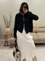 Женский Базовый Свободный Черный Кардиган на Акцентных Завязках