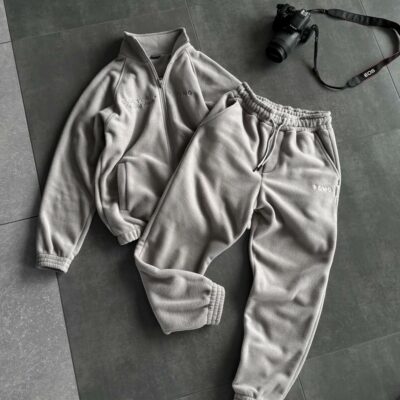 Мужской Теплый Флисовый Серый Костюм на Змейке - Зип Кофта под Горло + Штаны Джоггеры