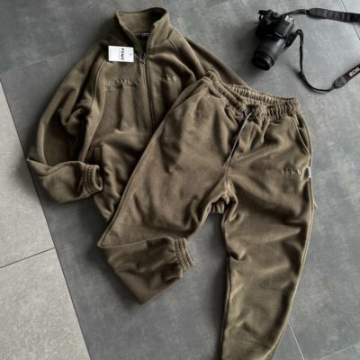 Мужской Теплый Флисовый Костюм Хаки на Змейке - Зип Кофта под Горло + Штаны Джоггеры