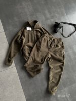 Мужской Теплый Флисовый Костюм Хаки на Змейке - Зип Кофта под Горло + Штаны Джоггеры