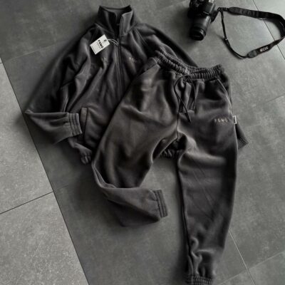 Мужской Теплый Флисовый Графитовый Костюм на Змейке - Зип Кофта под Горло + Штаны Джоггеры