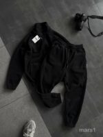 Мужской Теплый Флисовый Черный Костюм на Змейке - Зип Кофта под Горло + Штаны Джоггеры