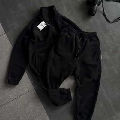 Мужской Теплый Флисовый Черный Костюм на Змейке - Зип Кофта под Горло + Штаны Джоггеры