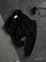 Мужской Теплый Флисовый Черный Костюм на Змейке - Зип Кофта под Горло + Штаны Джоггеры