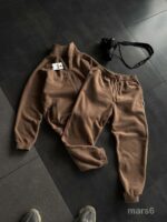 Мужской Теплый Флисовый Бежевый Костюм на Змейке - Зип Кофта под Горло + Штаны Джоггеры