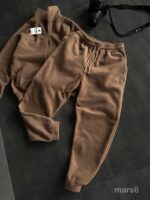 Мужской Теплый Флисовый Бежевый Костюм на Змейке - Зип Кофта под Горло + Штаны Джоггеры
