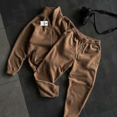 Мужской Теплый Флисовый Бежевый Костюм на Змейке - Зип Кофта под Горло + Штаны Джоггеры