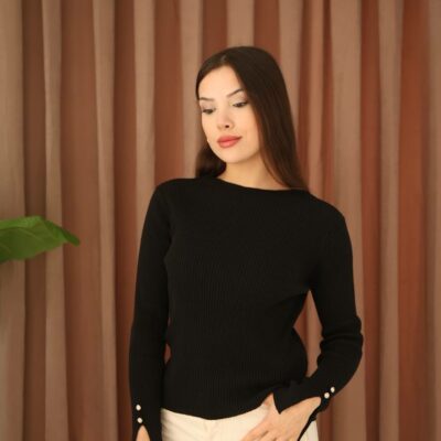 Женская Базовая Черная Кофта в Рубчик с Разрезами на Рукавах