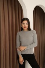 Женская Базовая Серая Кофта в Рубчик с Разрезами на Рукавах