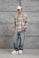 Мужская Теплая Фланелевая Пудровая Рубашка - Клетчатая с Принтом на Спине