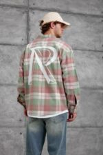 Мужская Теплая Фланелевая Пудровая Рубашка - Клетчатая с Принтом на Спине