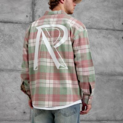 Мужская Теплая Фланелевая Пудровая Рубашка - Клетчатая с Принтом на Спине