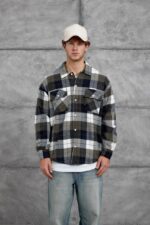 Мужская Теплая Фланелевая Рубашка Хаки - Клетчатая с Принтом на Спине