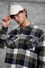 Мужская Теплая Фланелевая Рубашка Хаки - Клетчатая с Принтом на Спине