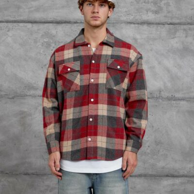 Мужская Теплая Фланелевая Красная Рубашка - Клетчатая с Принтом на Спине
